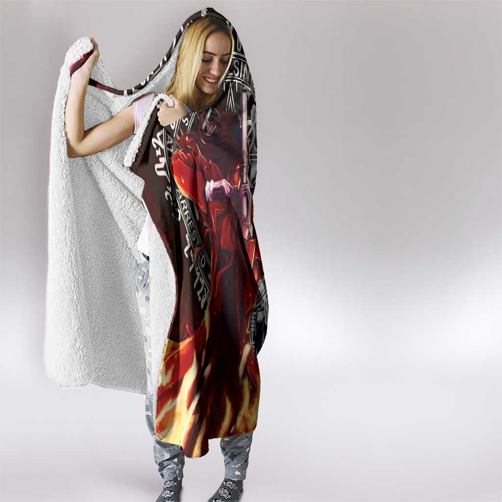 Alucard Hellsing Manga Collage Black and Red Design Hooded Blanket with Gun Pose and Symbolic Silhouettes - The Mazicc