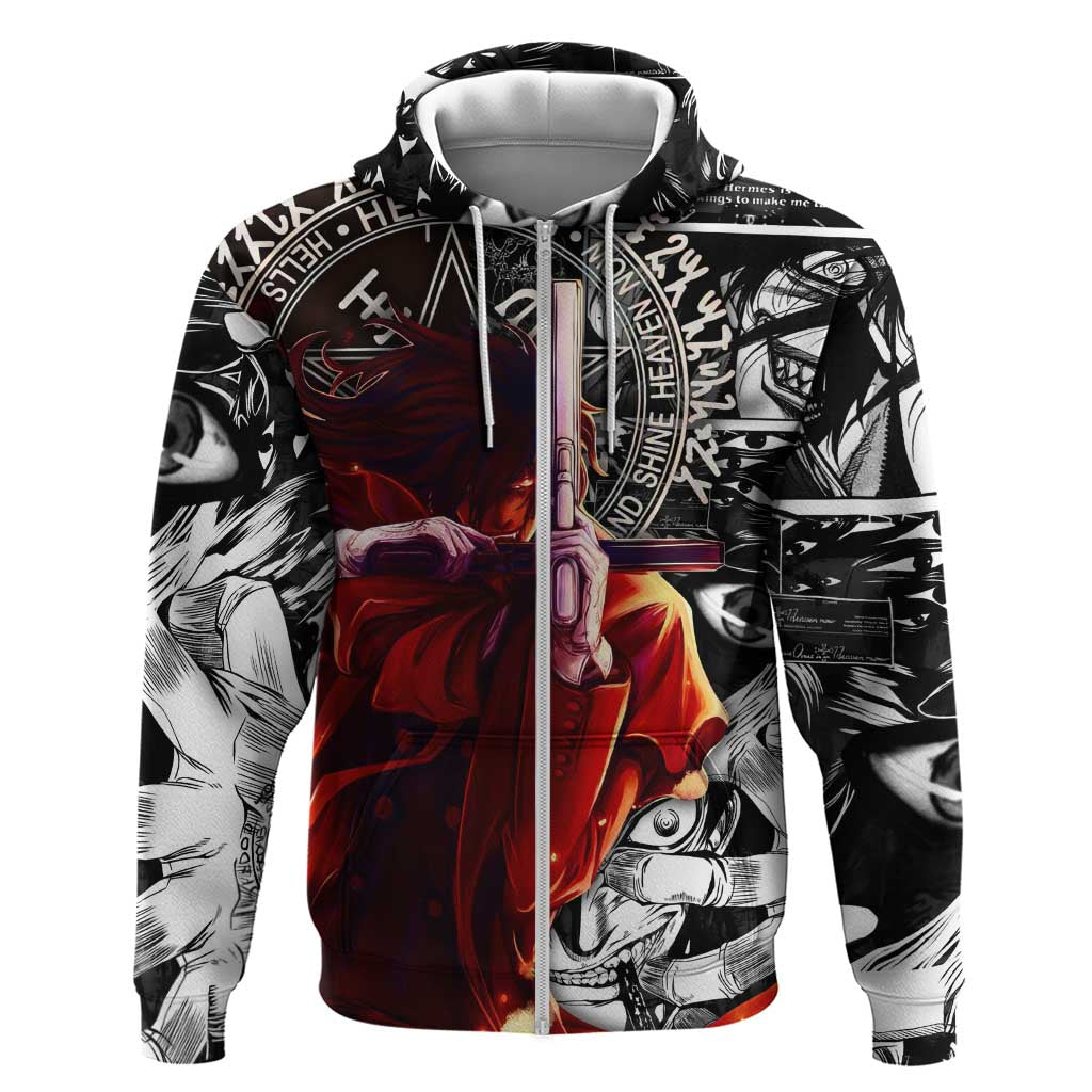 Alucard Hellsing Manga Collage Black and Red Design Hoodie with Gun Pose and Symbolic Silhouettes - The Mazicc