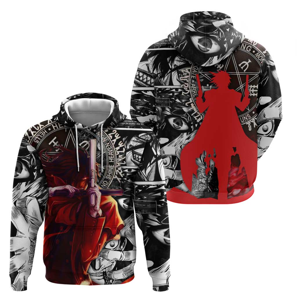 Alucard Hellsing Manga Collage Black and Red Design Hoodie with Gun Pose and Symbolic Silhouettes - The Mazicc