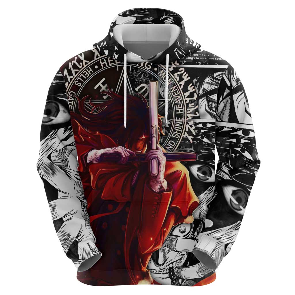 Alucard Hellsing Manga Collage Black and Red Design Hoodie with Gun Pose and Symbolic Silhouettes - The Mazicc