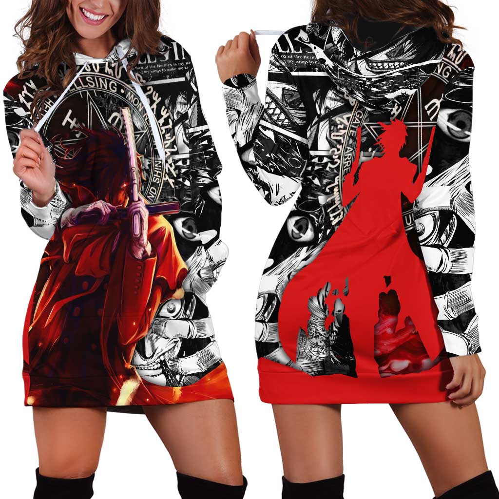 Alucard Hellsing Manga Collage Black and Red Design Hoodie Dress with Gun Pose and Symbolic Silhouettes - The Mazicc