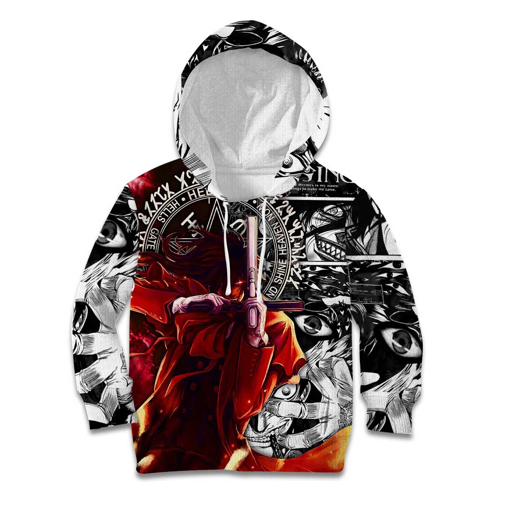 Alucard Hellsing Manga Collage Black and Red Design Kid Hoodie with Gun Pose and Symbolic Silhouettes - The Mazicc