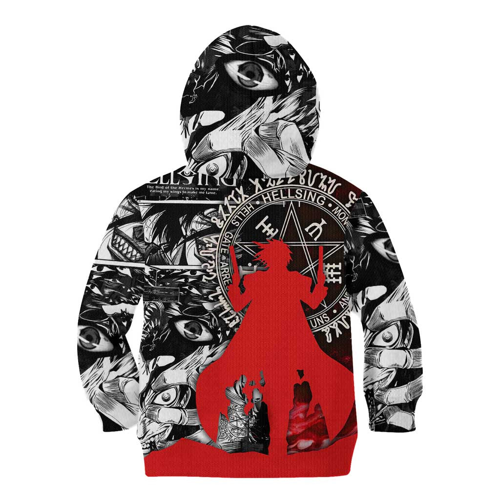 Alucard Hellsing Manga Collage Black and Red Design Kid Hoodie with Gun Pose and Symbolic Silhouettes - The Mazicc