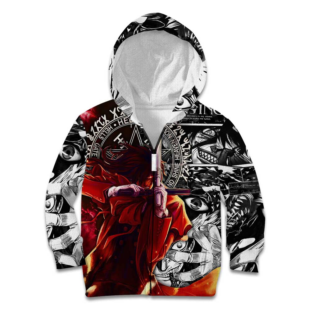 Alucard Hellsing Manga Collage Black and Red Design Kid Hoodie with Gun Pose and Symbolic Silhouettes - The Mazicc