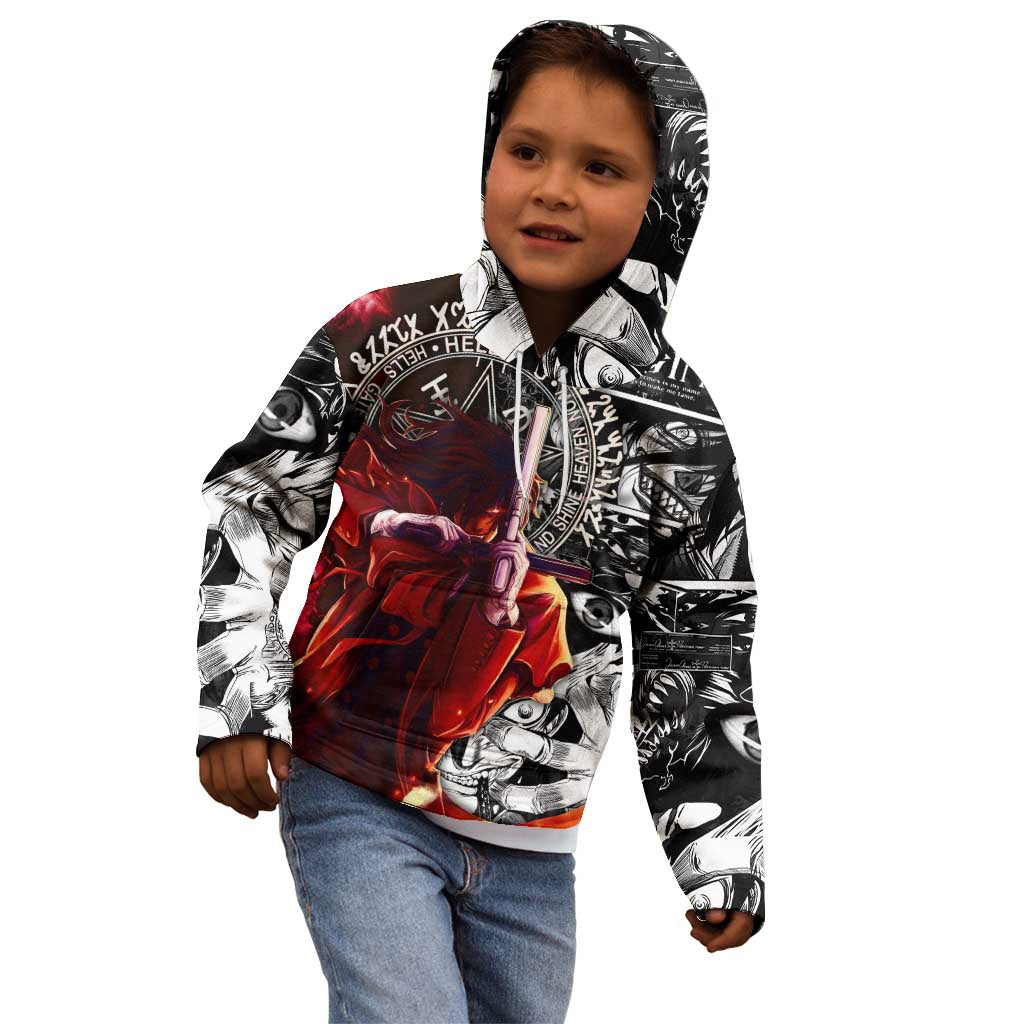 Alucard Hellsing Manga Collage Black and Red Design Kid Hoodie with Gun Pose and Symbolic Silhouettes - The Mazicc