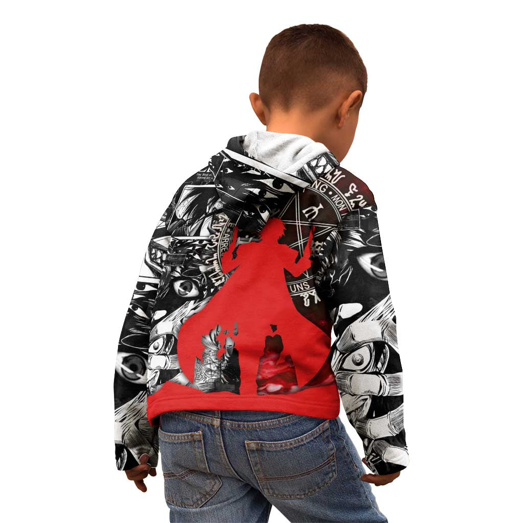 Alucard Hellsing Manga Collage Black and Red Design Kid Hoodie with Gun Pose and Symbolic Silhouettes - The Mazicc