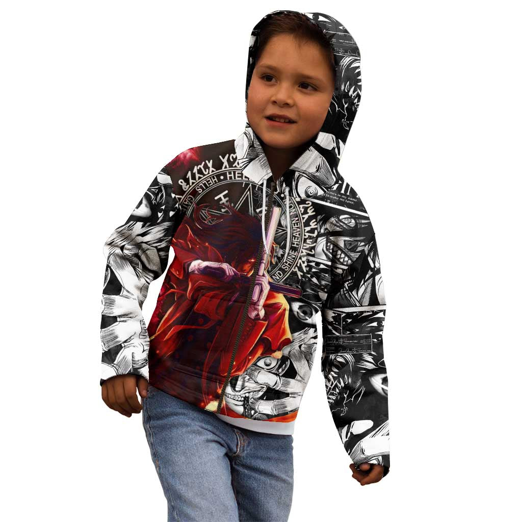 Alucard Hellsing Manga Collage Black and Red Design Kid Hoodie with Gun Pose and Symbolic Silhouettes - The Mazicc