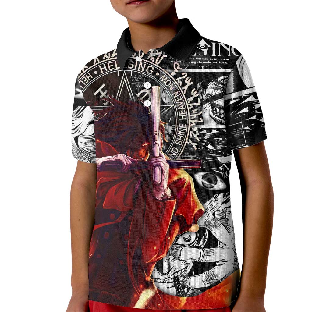 Alucard Hellsing Manga Collage Black and Red Design Kid Polo Shirt with Gun Pose and Symbolic Silhouettes - The Mazicc