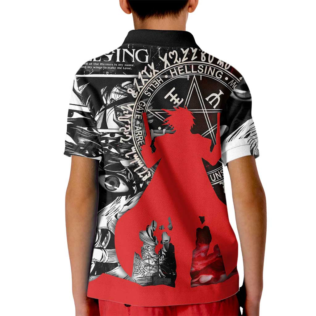 Alucard Hellsing Manga Collage Black and Red Design Kid Polo Shirt with Gun Pose and Symbolic Silhouettes - The Mazicc