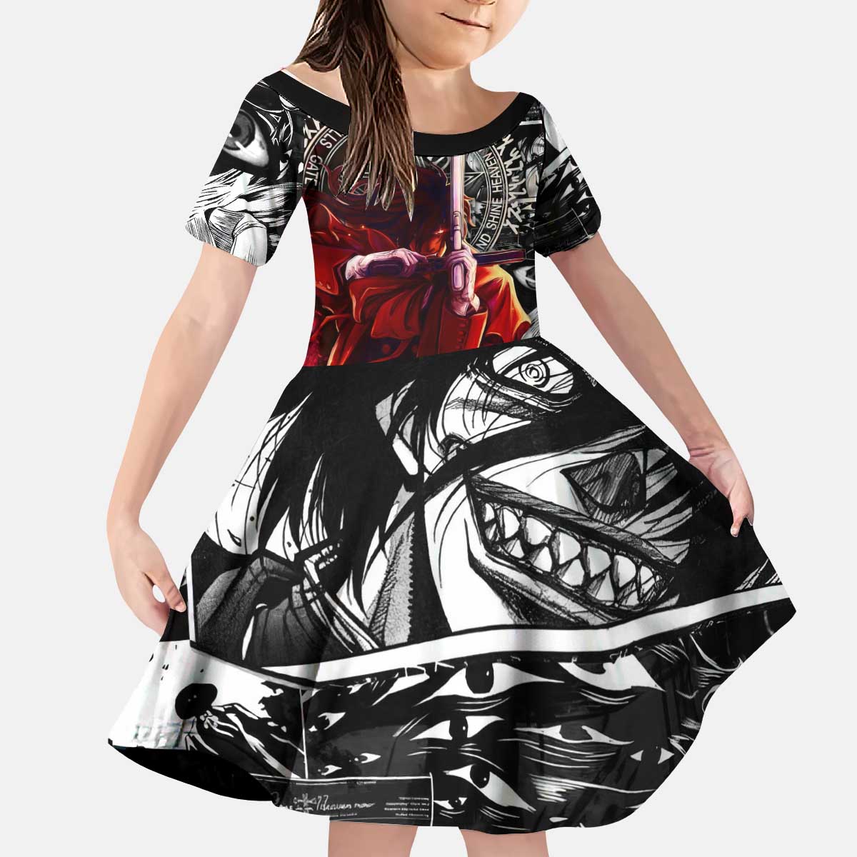 Alucard Hellsing Manga Collage Black and Red Design Kid Short Sleeve Dress with Gun Pose and Symbolic Silhouettes - The Mazicc
