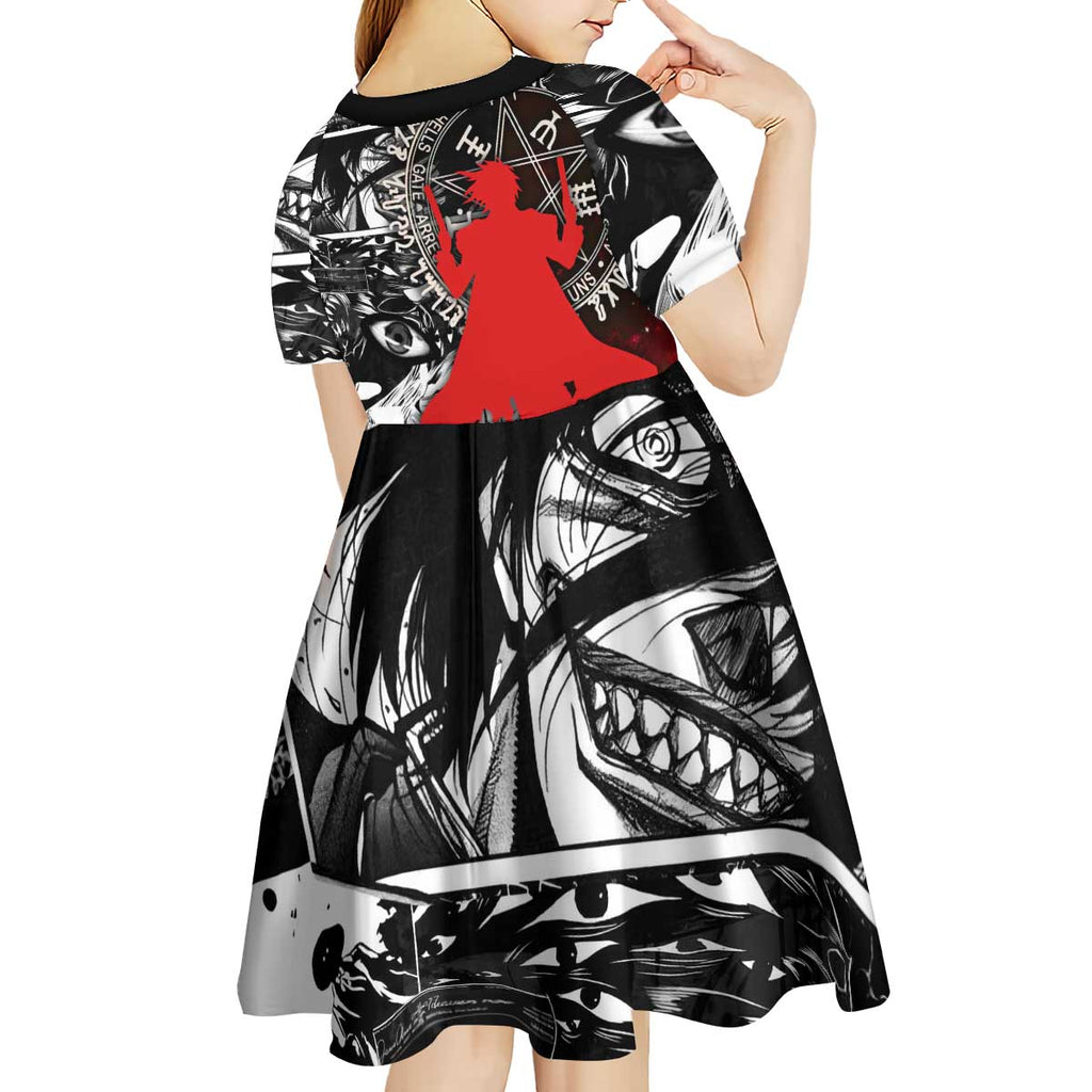 Alucard Hellsing Manga Collage Black and Red Design Kid Short Sleeve Dress with Gun Pose and Symbolic Silhouettes - The Mazicc