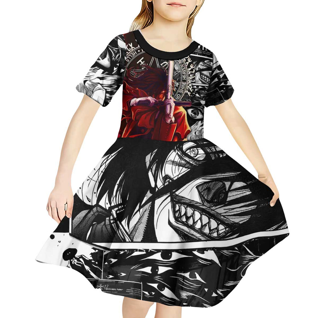 Alucard Hellsing Manga Collage Black and Red Design Kid Short Sleeve Dress with Gun Pose and Symbolic Silhouettes - The Mazicc