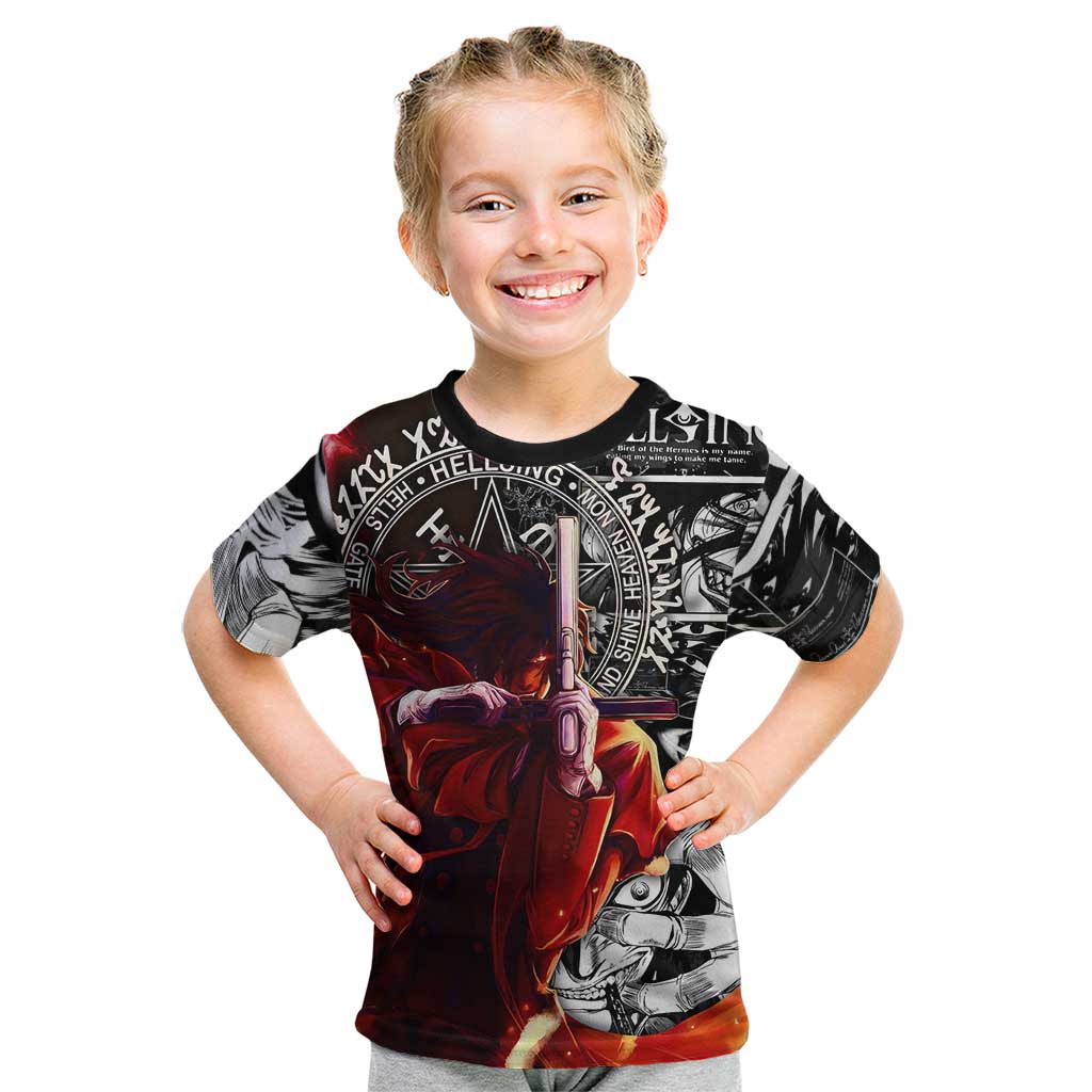 Alucard Hellsing Manga Collage Black and Red Design Kid T Shirt with Gun Pose and Symbolic Silhouettes - The Mazicc