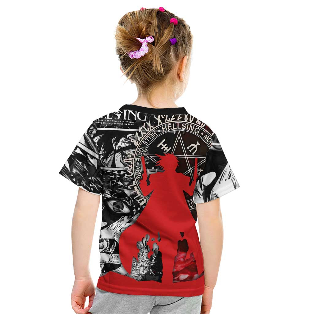 Alucard Hellsing Manga Collage Black and Red Design Kid T Shirt with Gun Pose and Symbolic Silhouettes - The Mazicc