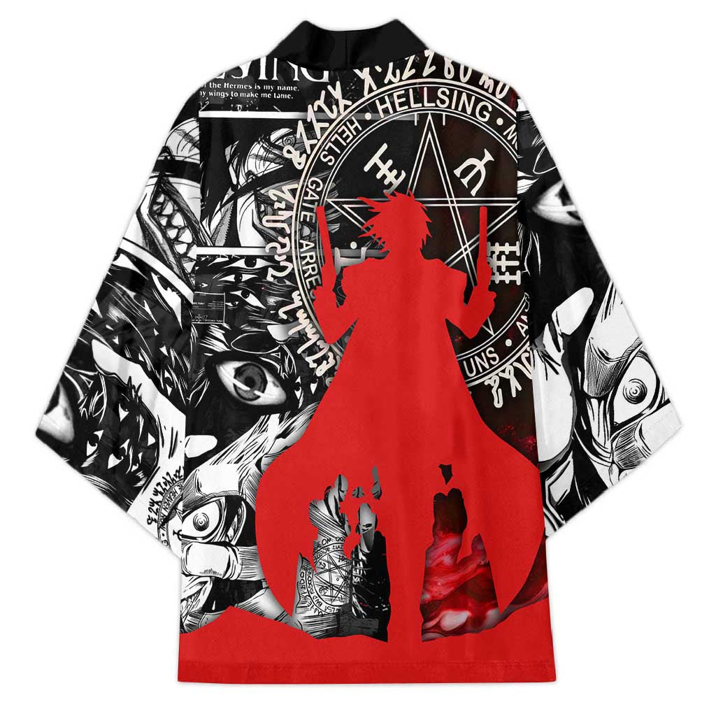 Alucard Hellsing Manga Collage Black and Red Design Kimono with Gun Pose and Symbolic Silhouettes - The Mazicc