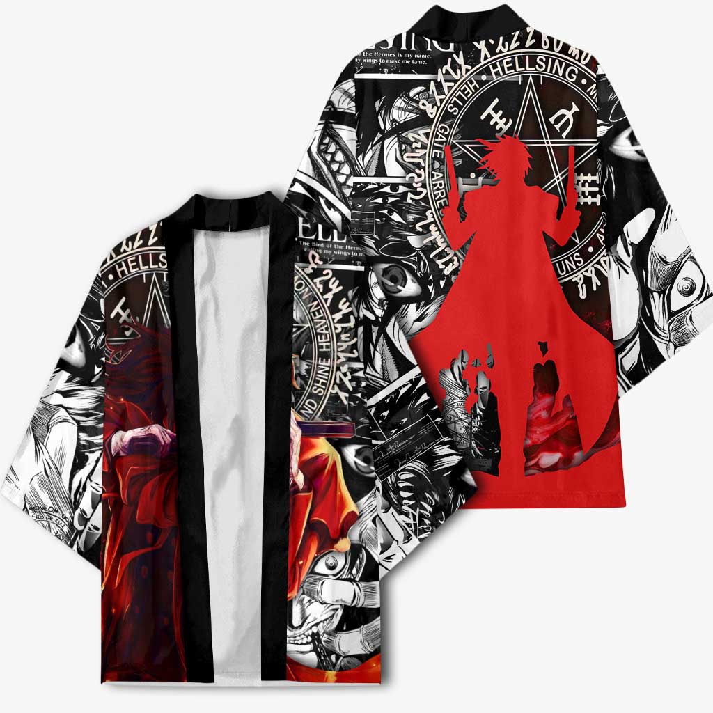 Alucard Hellsing Manga Collage Black and Red Design Kimono with Gun Pose and Symbolic Silhouettes - The Mazicc