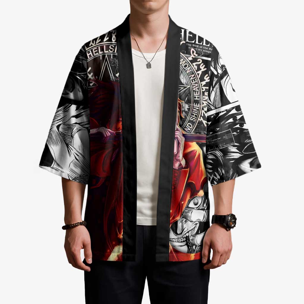 Alucard Hellsing Manga Collage Black and Red Design Kimono with Gun Pose and Symbolic Silhouettes - The Mazicc