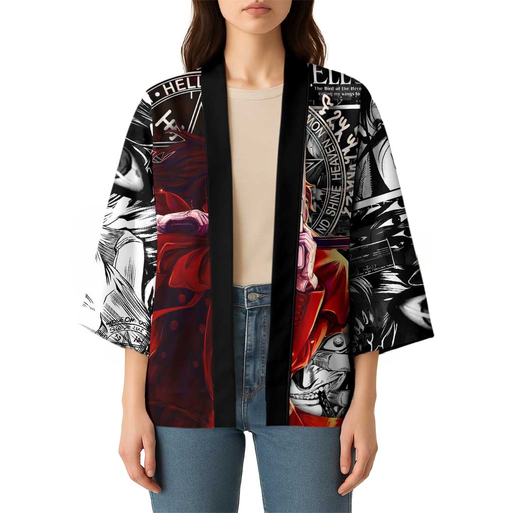 Alucard Hellsing Manga Collage Black and Red Design Kimono with Gun Pose and Symbolic Silhouettes - The Mazicc