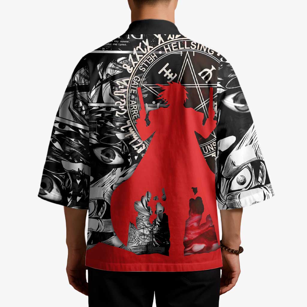 Alucard Hellsing Manga Collage Black and Red Design Kimono with Gun Pose and Symbolic Silhouettes - The Mazicc