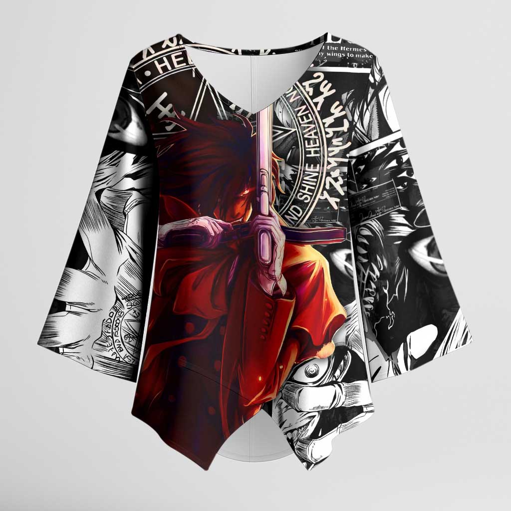 Alucard Hellsing Manga Collage Black and Red Design Kimono Sleeve Blouse with Gun Pose and Symbolic Silhouettes - The Mazicc