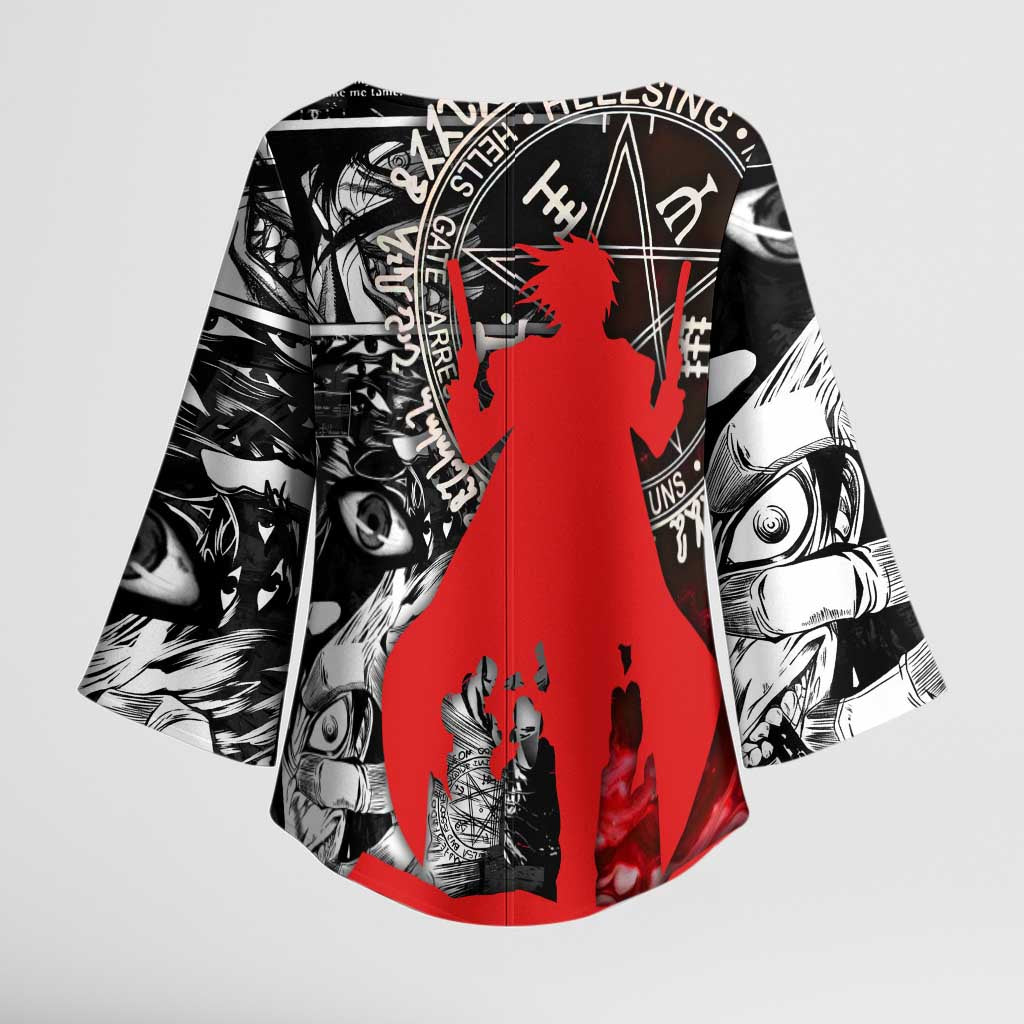 Alucard Hellsing Manga Collage Black and Red Design Kimono Sleeve Blouse with Gun Pose and Symbolic Silhouettes - The Mazicc