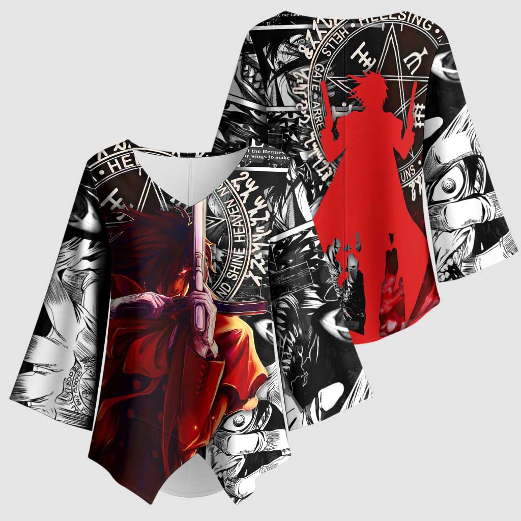 Alucard Hellsing Manga Collage Black and Red Design Kimono Sleeve Blouse with Gun Pose and Symbolic Silhouettes - The Mazicc