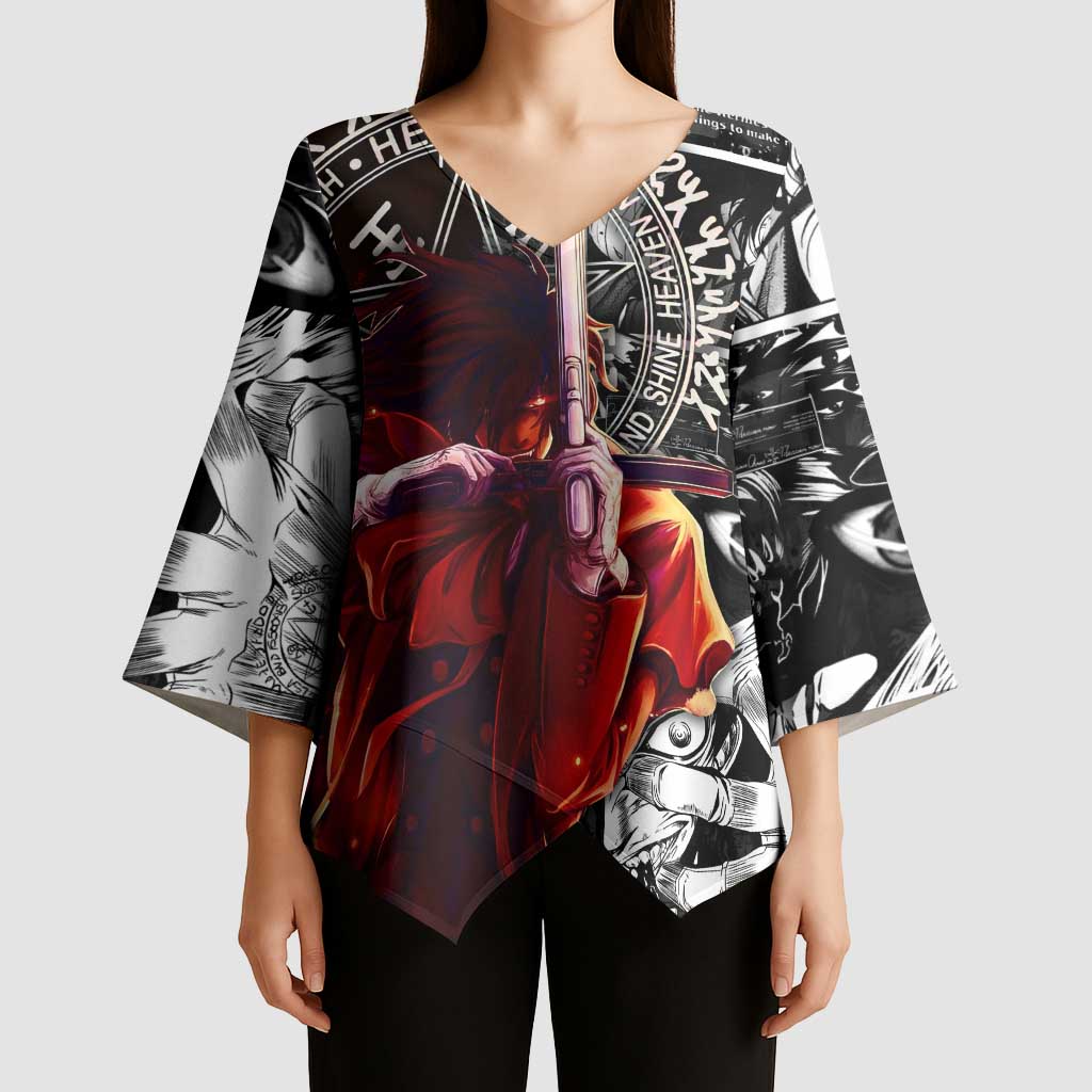 Alucard Hellsing Manga Collage Black and Red Design Kimono Sleeve Blouse with Gun Pose and Symbolic Silhouettes - The Mazicc