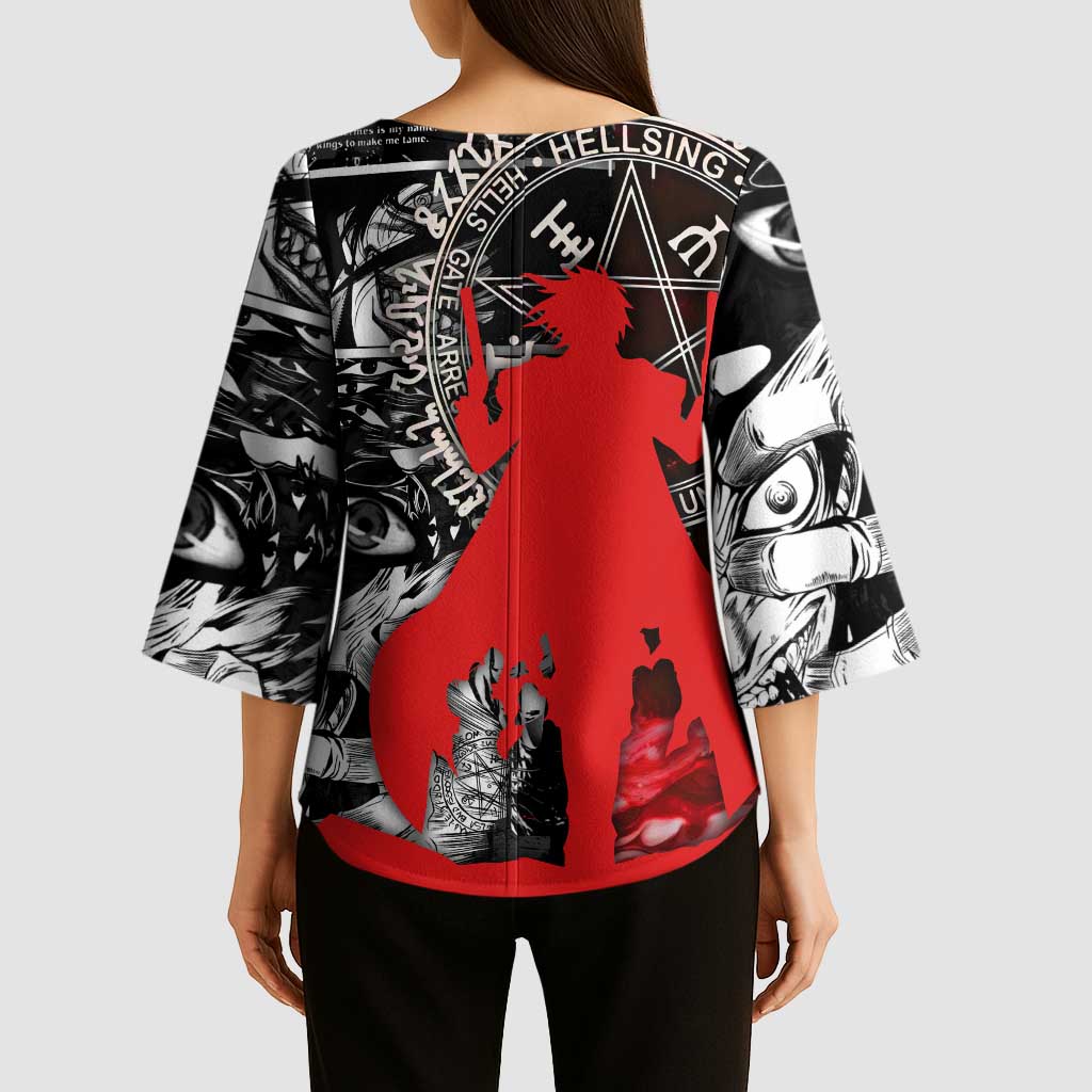 Alucard Hellsing Manga Collage Black and Red Design Kimono Sleeve Blouse with Gun Pose and Symbolic Silhouettes - The Mazicc