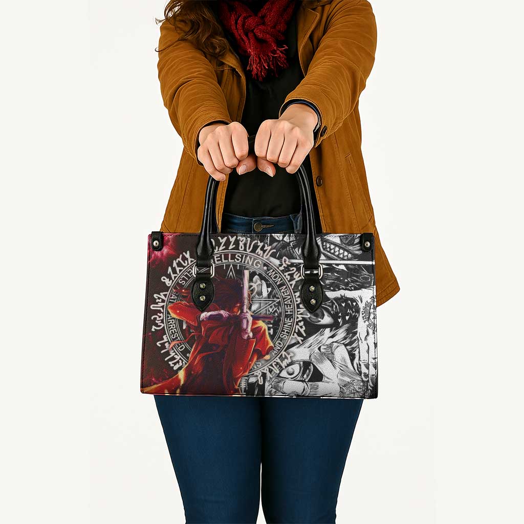 Alucard Hellsing Manga Collage Black and Red Design Leather Bag with Gun Pose and Symbolic Silhouettes - The Mazicc