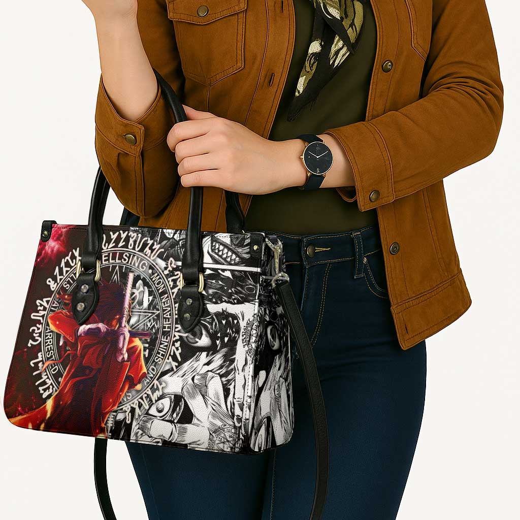 Alucard Hellsing Manga Collage Black and Red Design Leather Bag with Gun Pose and Symbolic Silhouettes - The Mazicc