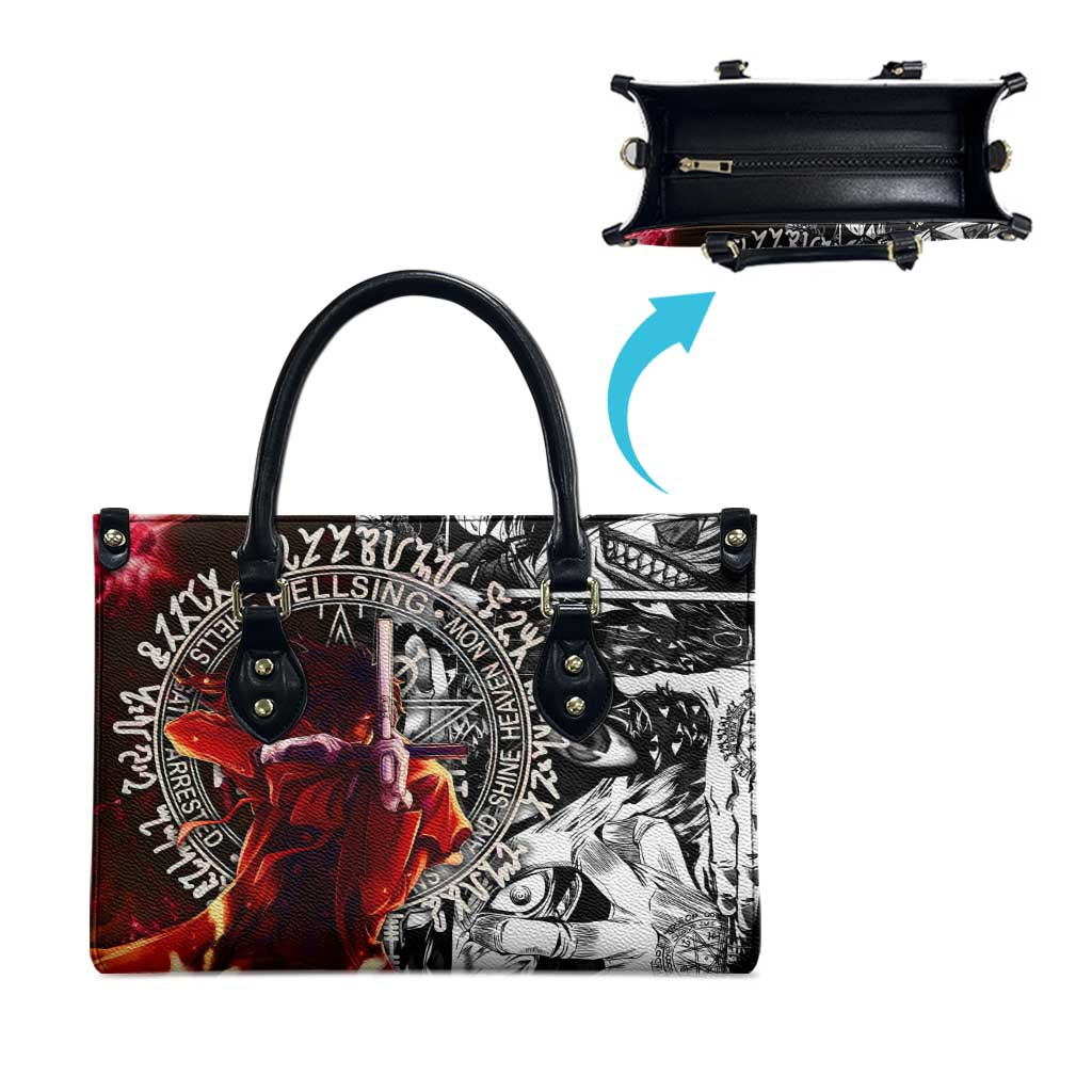 Alucard Hellsing Manga Collage Black and Red Design Leather Bag with Gun Pose and Symbolic Silhouettes - The Mazicc