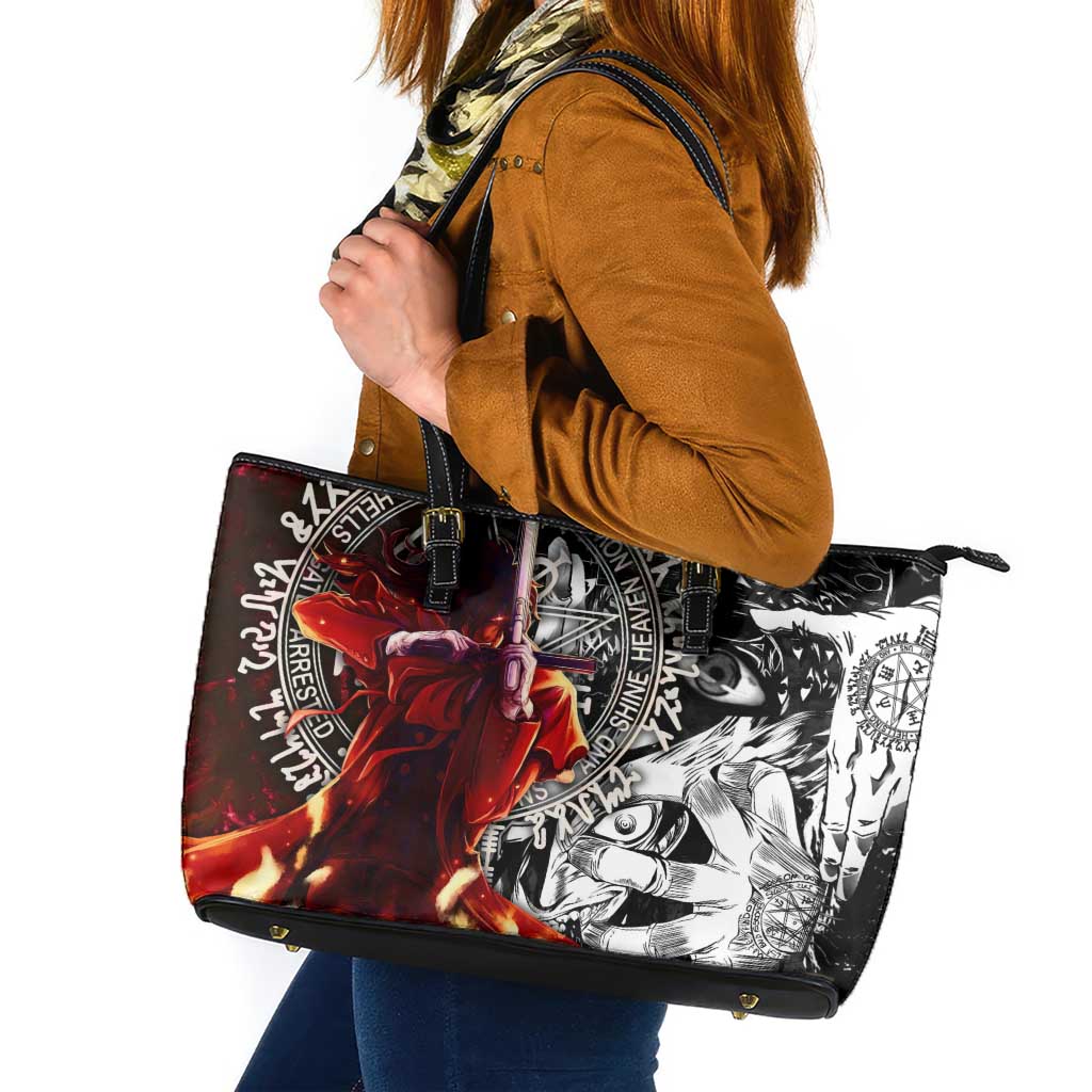 Alucard Hellsing Manga Collage Black and Red Design Leather Tote Bag with Gun Pose and Symbolic Silhouettes - The Mazicc