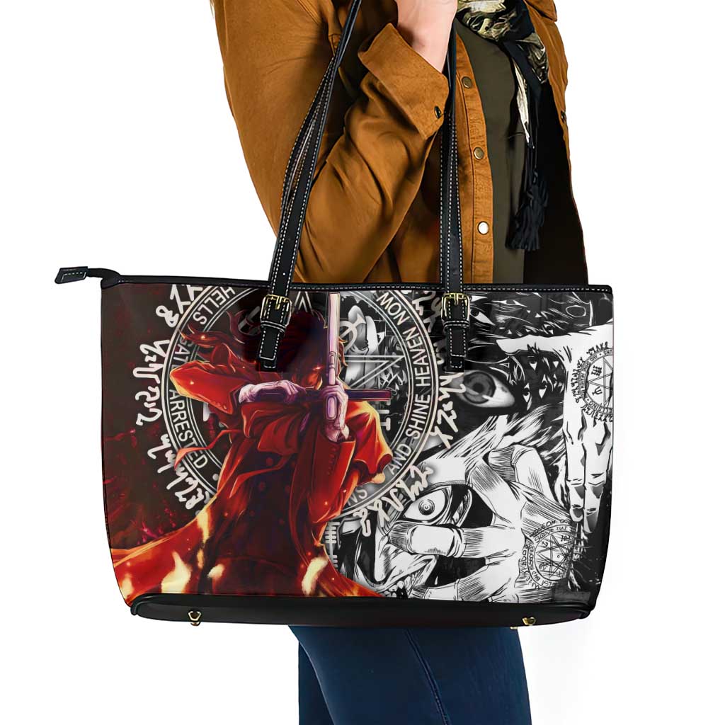 Alucard Hellsing Manga Collage Black and Red Design Leather Tote Bag with Gun Pose and Symbolic Silhouettes - The Mazicc