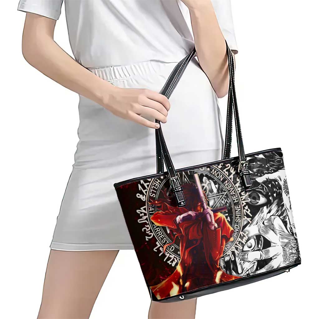 Alucard Hellsing Manga Collage Black and Red Design Leather Tote Bag with Gun Pose and Symbolic Silhouettes - The Mazicc
