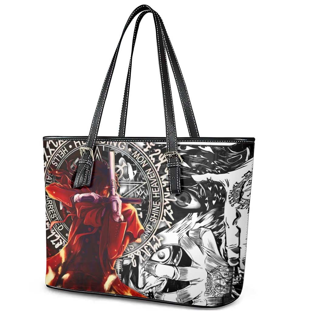 Alucard Hellsing Manga Collage Black and Red Design Leather Tote Bag with Gun Pose and Symbolic Silhouettes - The Mazicc