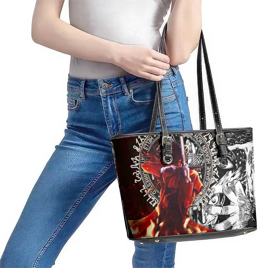 Alucard Hellsing Manga Collage Black and Red Design Leather Tote Bag with Gun Pose and Symbolic Silhouettes - The Mazicc