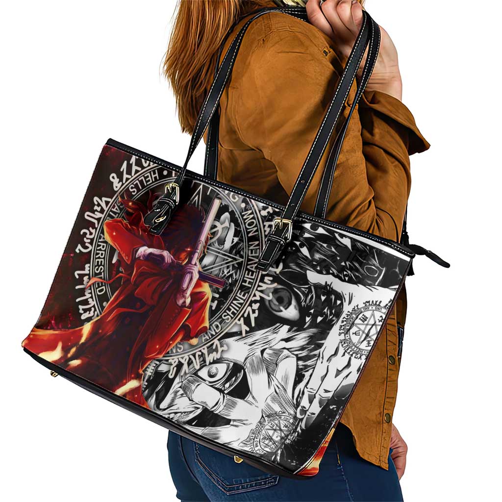 Alucard Hellsing Manga Collage Black and Red Design Leather Tote Bag with Gun Pose and Symbolic Silhouettes - The Mazicc