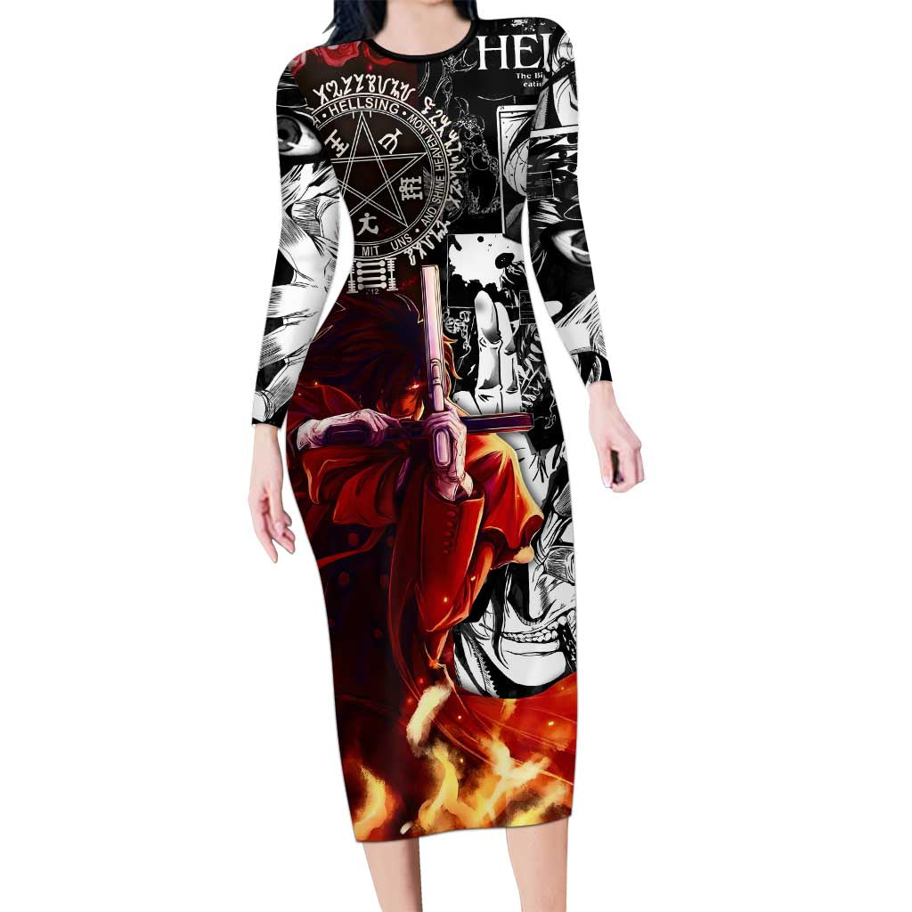 Alucard Hellsing Manga Collage Black and Red Design Long Sleeve Bodycon Dress with Gun Pose and Symbolic Silhouettes - The Mazicc