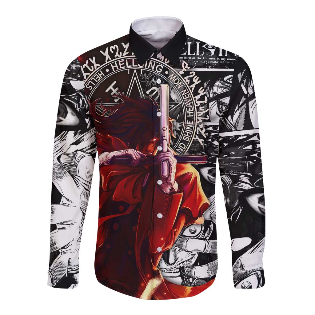 Alucard Hellsing Manga Collage Black and Red Design Long Sleeve Button Shirt with Gun Pose and Symbolic Silhouettes - The Mazicc