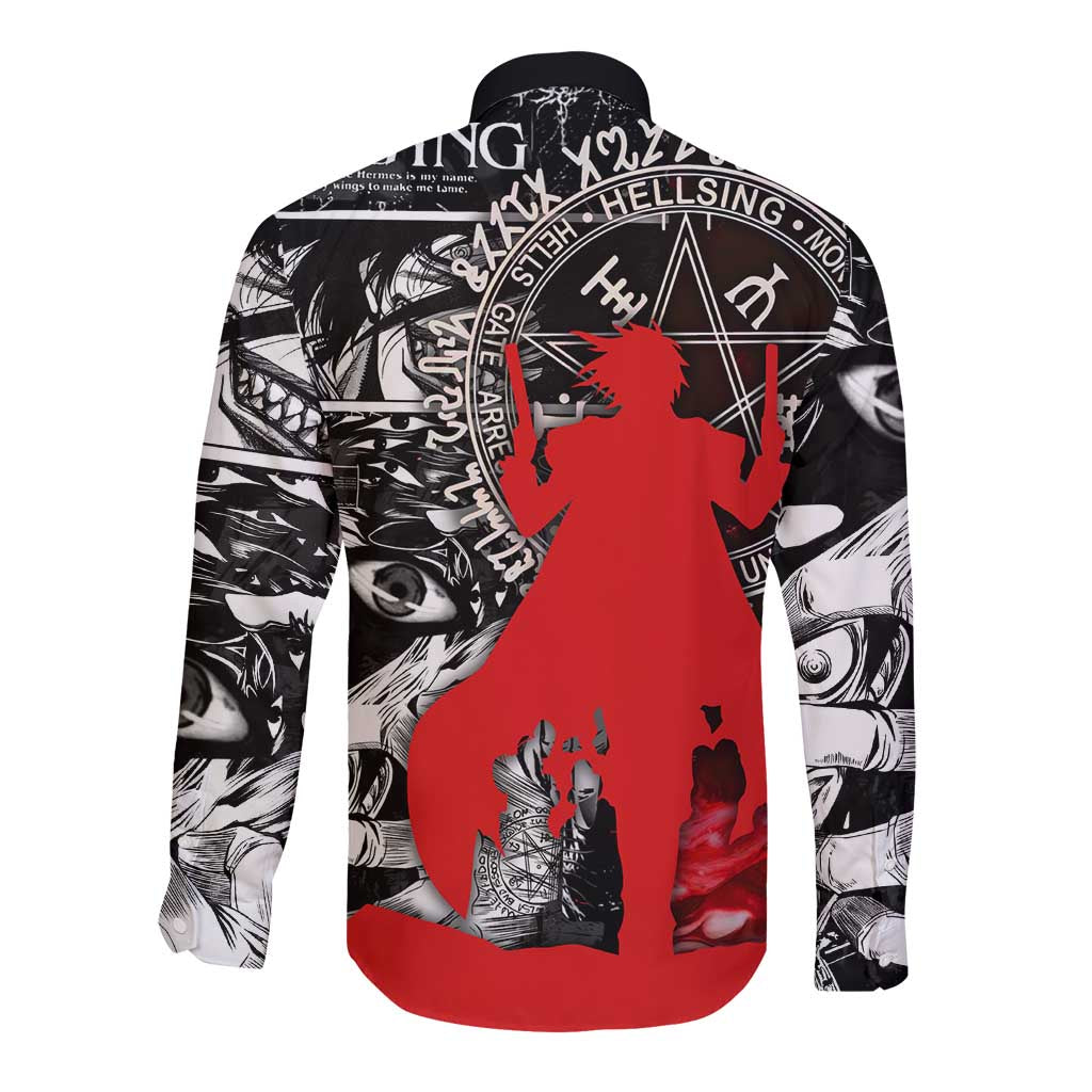 Alucard Hellsing Manga Collage Black and Red Design Long Sleeve Button Shirt with Gun Pose and Symbolic Silhouettes - The Mazicc