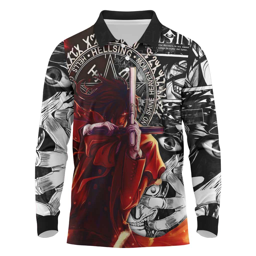 Alucard Hellsing Manga Collage Black and Red Design Long Sleeve Polo Shirt with Gun Pose and Symbolic Silhouettes - The Mazicc