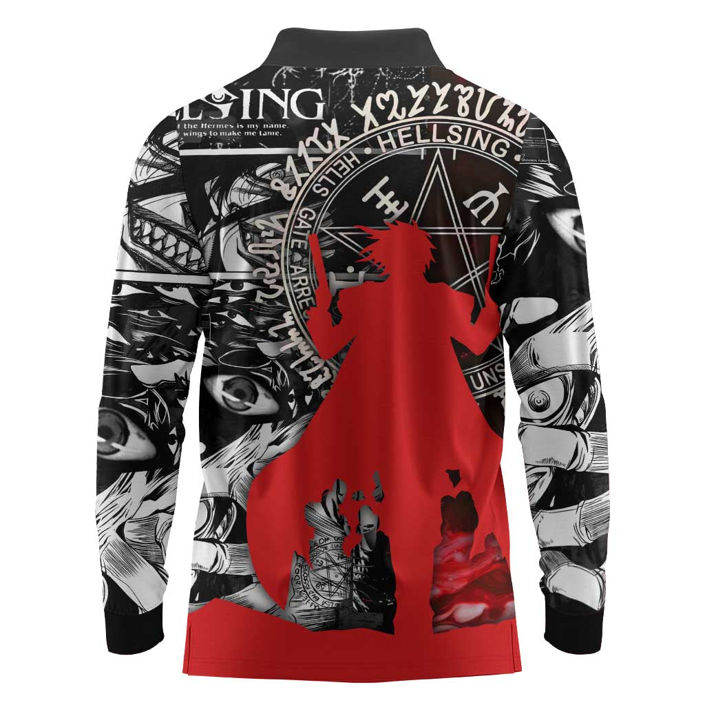 Alucard Hellsing Manga Collage Black and Red Design Long Sleeve Polo Shirt with Gun Pose and Symbolic Silhouettes - The Mazicc
