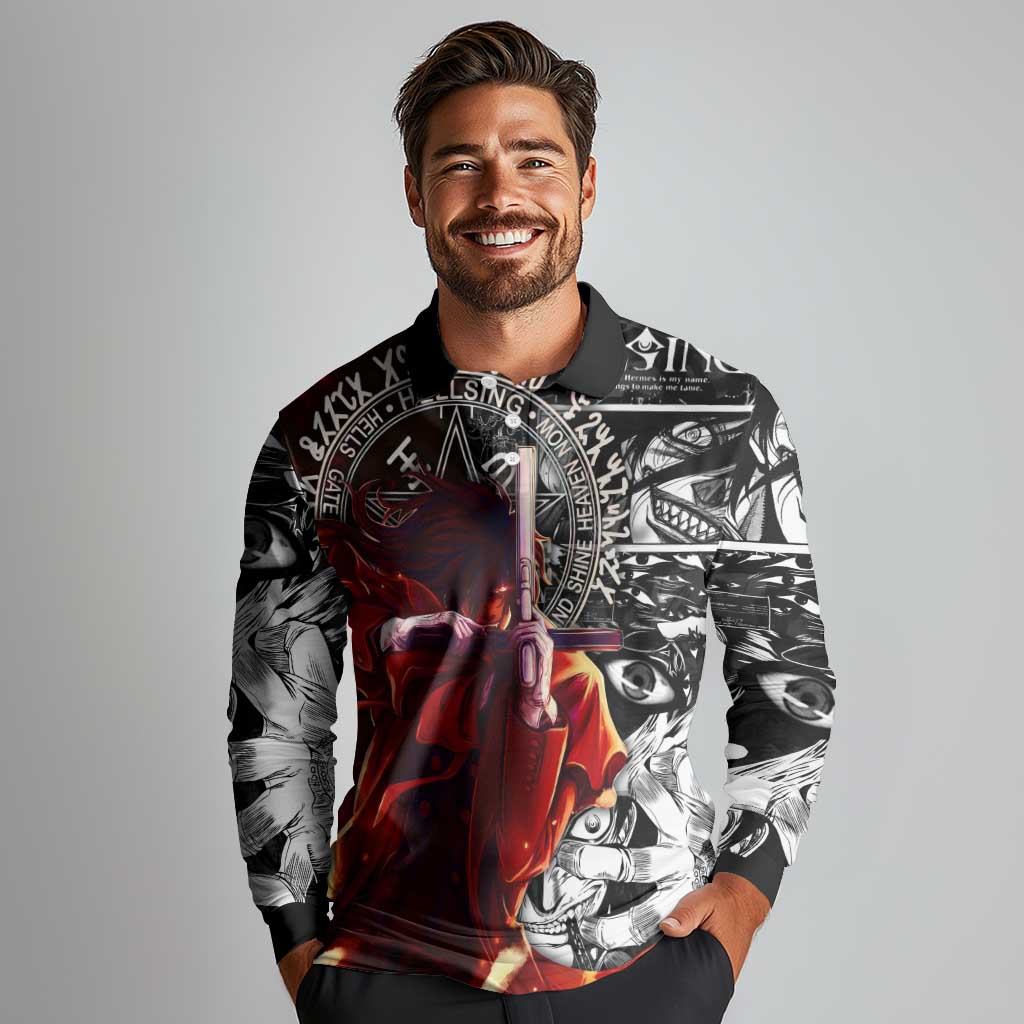 Alucard Hellsing Manga Collage Black and Red Design Long Sleeve Polo Shirt with Gun Pose and Symbolic Silhouettes - The Mazicc