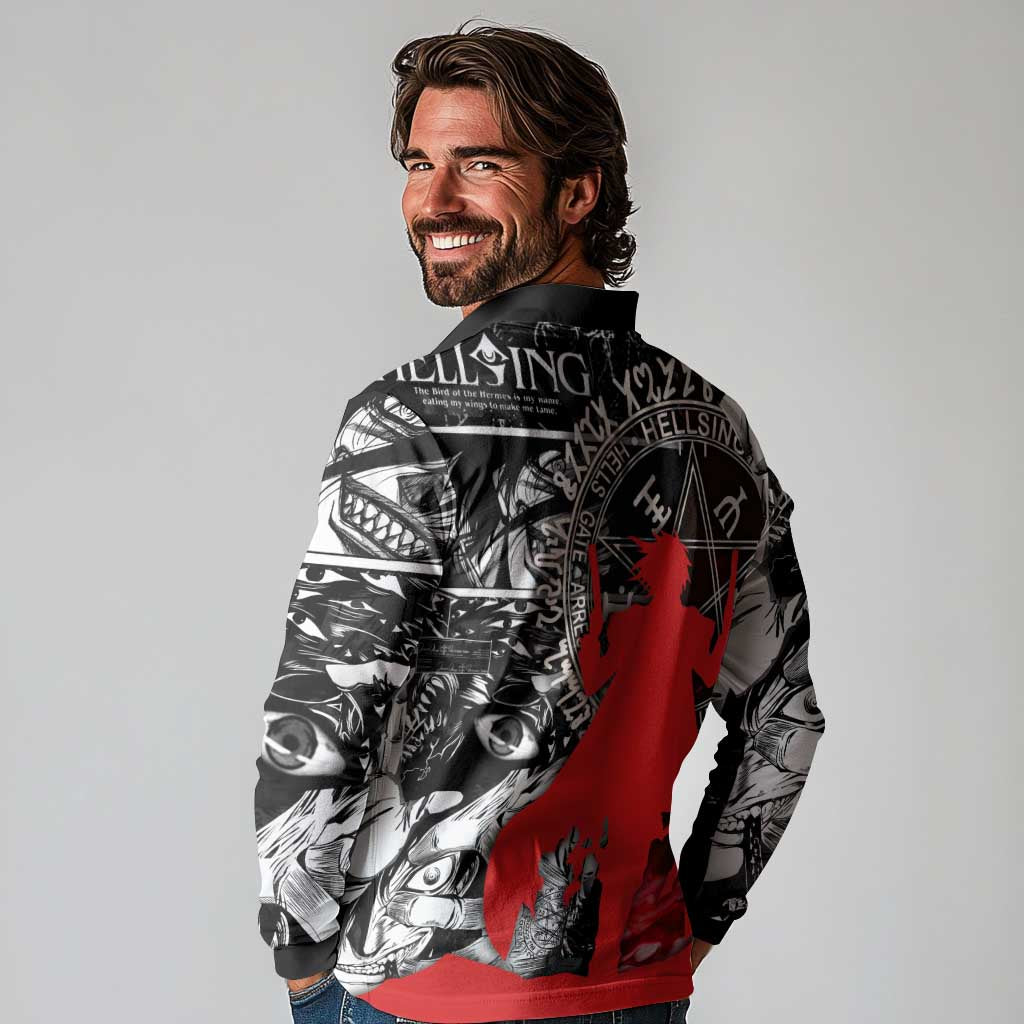 Alucard Hellsing Manga Collage Black and Red Design Long Sleeve Polo Shirt with Gun Pose and Symbolic Silhouettes - The Mazicc
