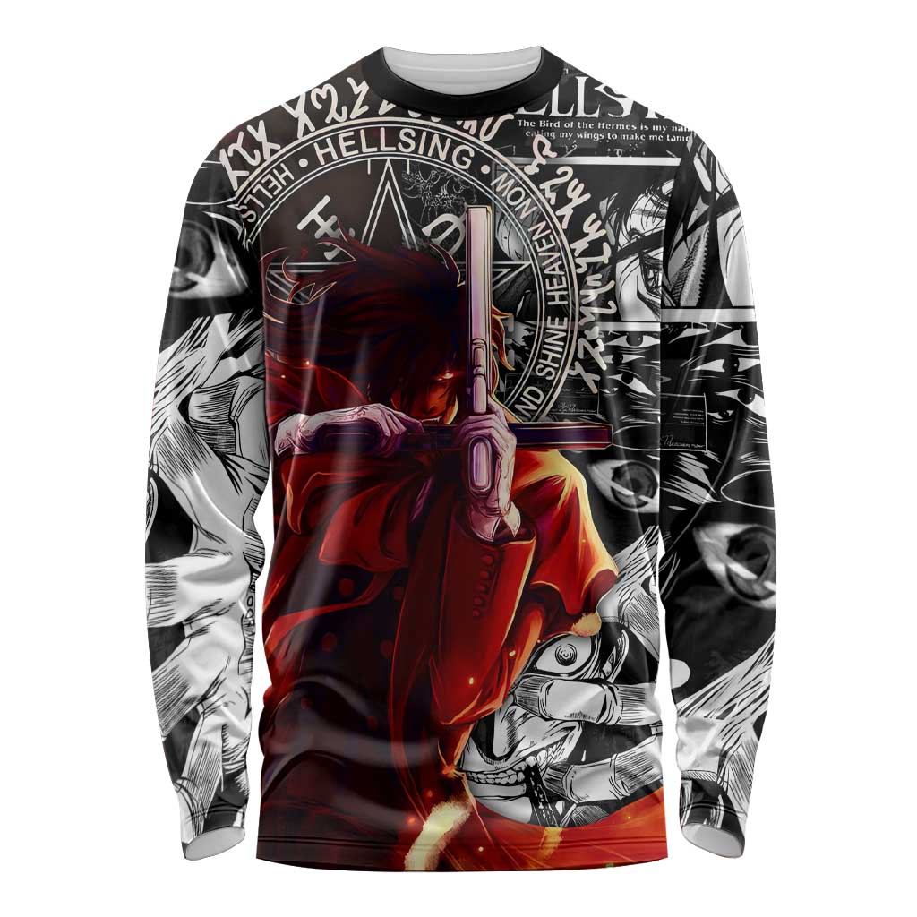 Alucard Hellsing Manga Collage Black and Red Design Long Sleeve Shirt with Gun Pose and Symbolic Silhouettes - The Mazicc