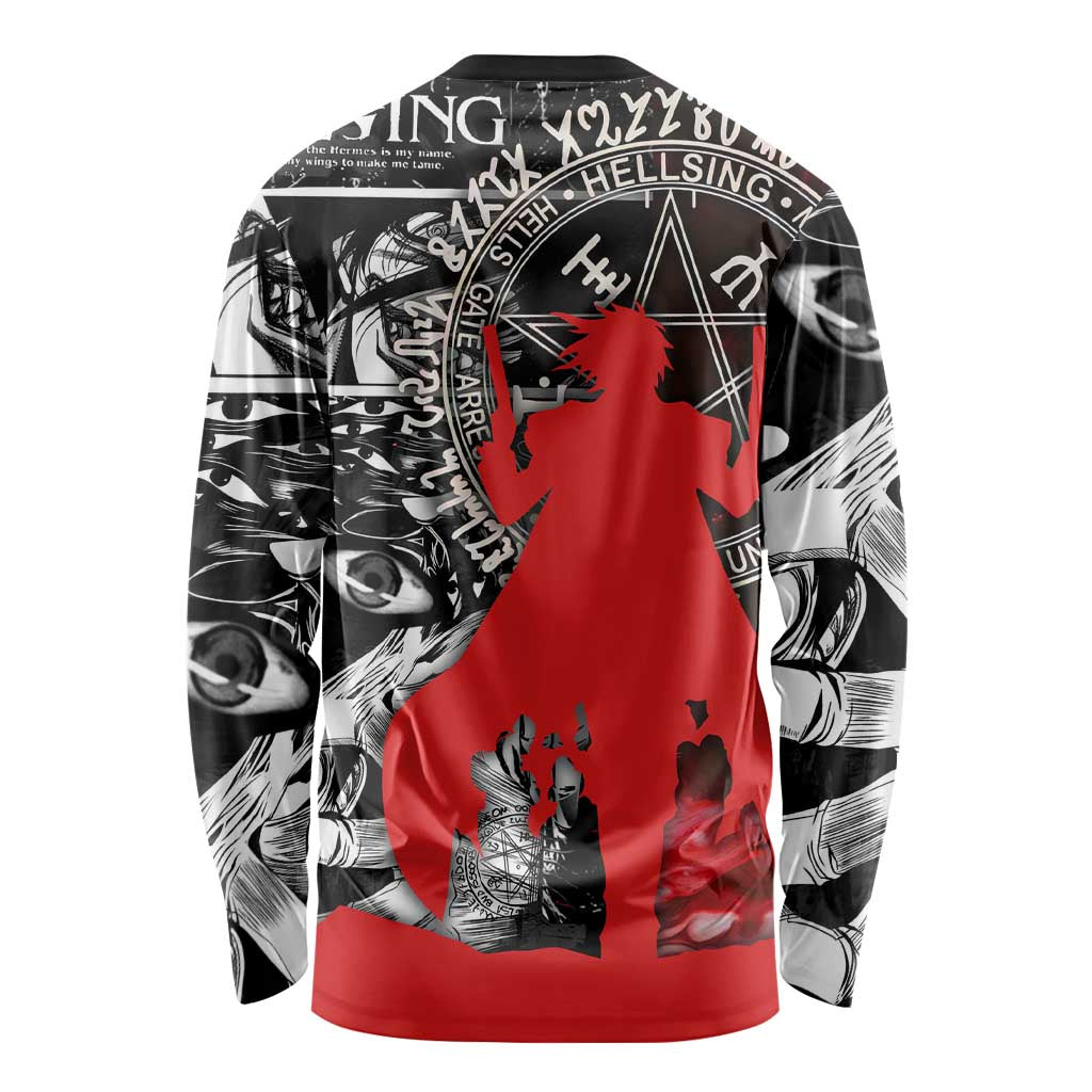 Alucard Hellsing Manga Collage Black and Red Design Long Sleeve Shirt with Gun Pose and Symbolic Silhouettes - The Mazicc