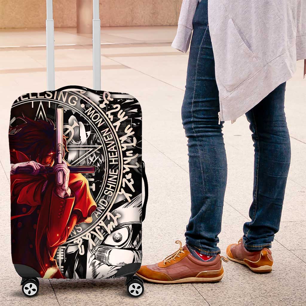 Alucard Hellsing Manga Collage Black and Red Design Luggage Cover with Gun Pose and Symbolic Silhouettes - The Mazicc