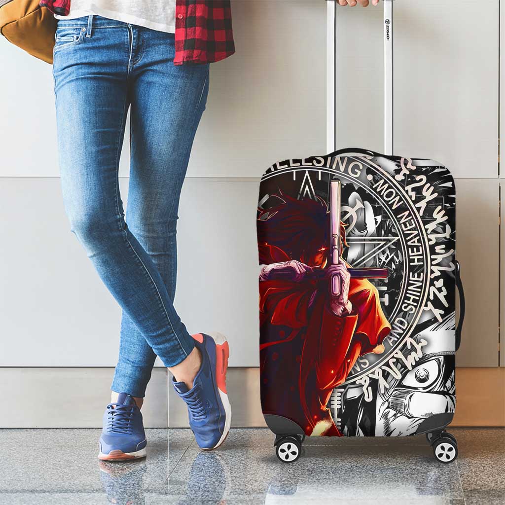 Alucard Hellsing Manga Collage Black and Red Design Luggage Cover with Gun Pose and Symbolic Silhouettes - The Mazicc