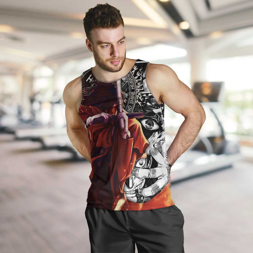 Alucard Hellsing Manga Collage Black and Red Design Men Tank Top with Gun Pose and Symbolic Silhouettes - The Mazicc