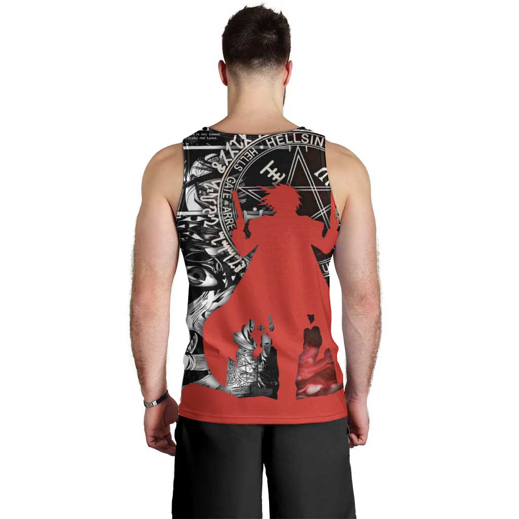 Alucard Hellsing Manga Collage Black and Red Design Men Tank Top with Gun Pose and Symbolic Silhouettes - The Mazicc